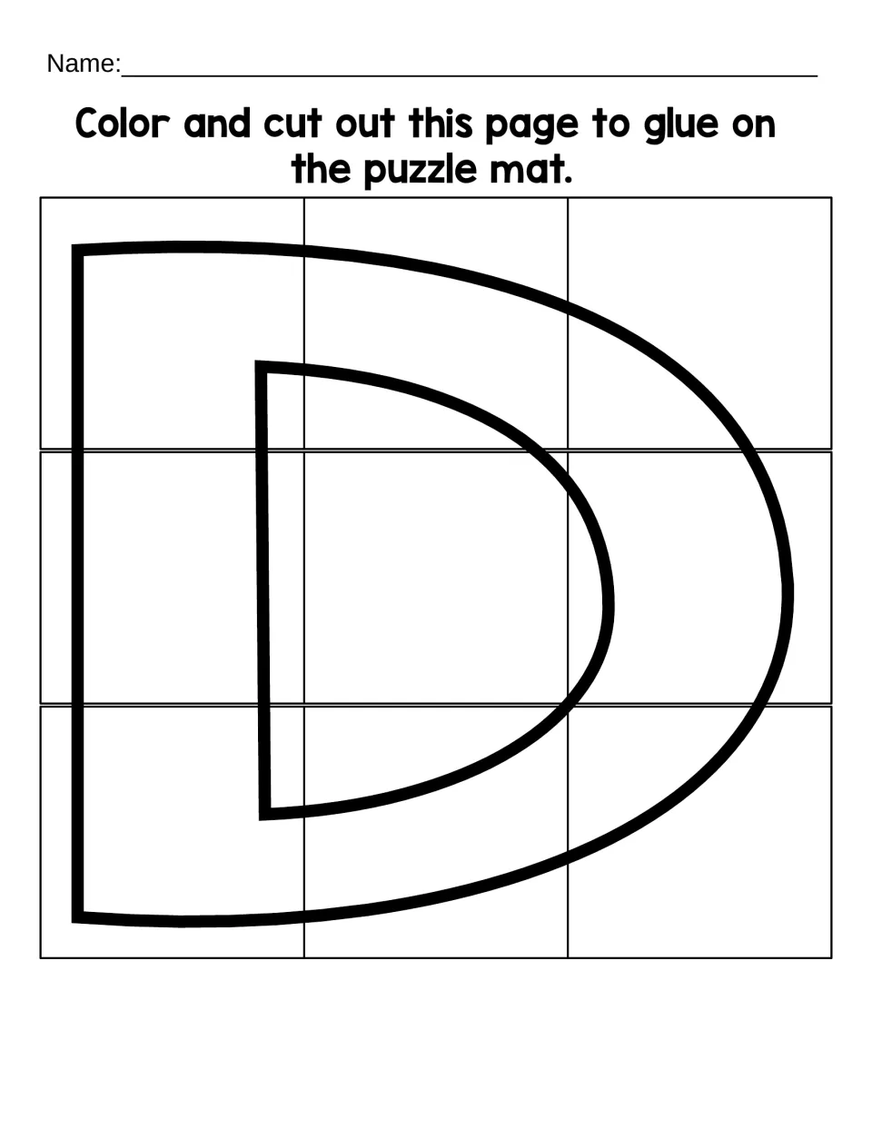 Uppercase D color-and-cut sheet with nine puzzle pieces to assemble and glue onto the matching letter mat