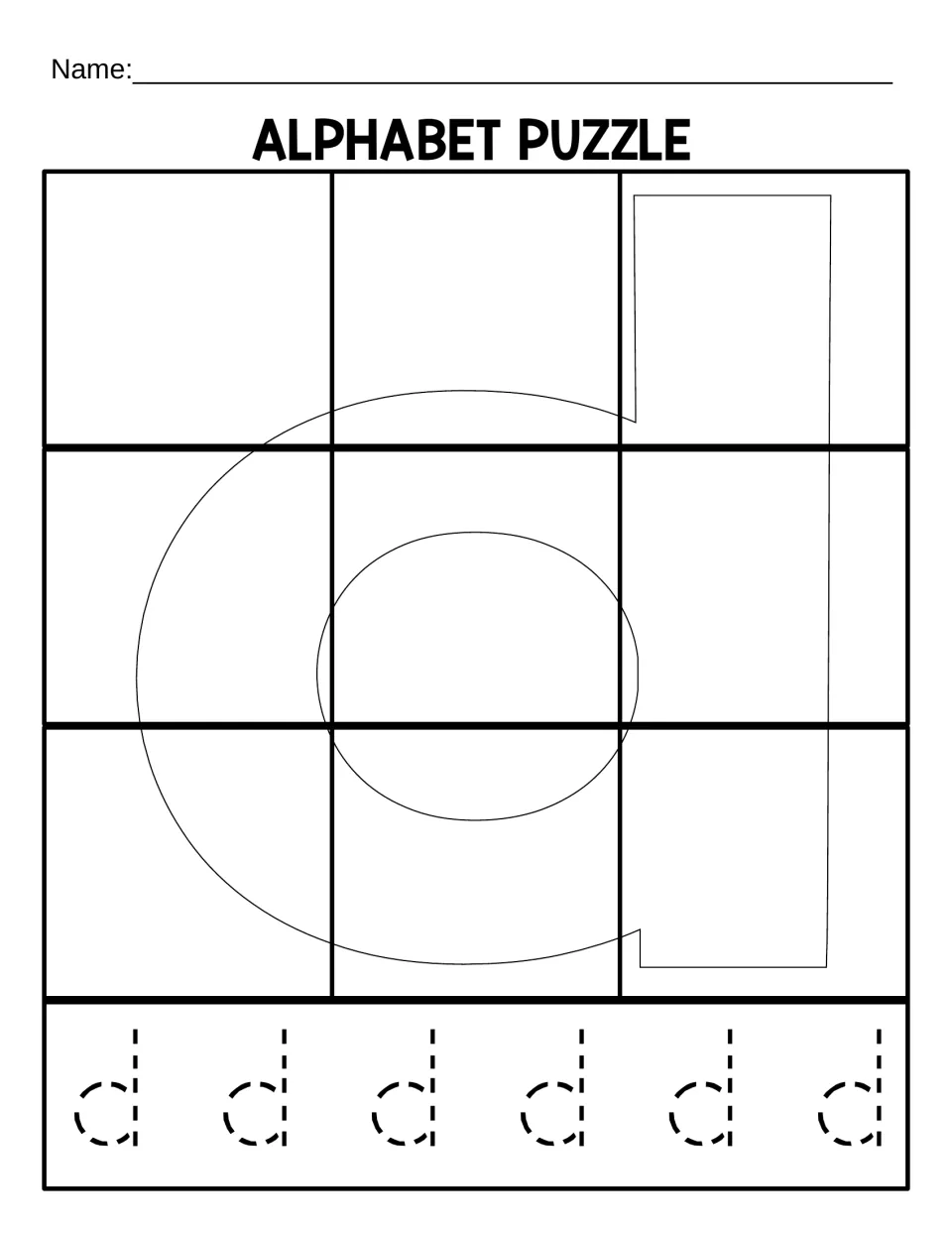 Lowercase d puzzle mat for matching nine cut-out pieces, with six dotted lowercase d letters to trace below