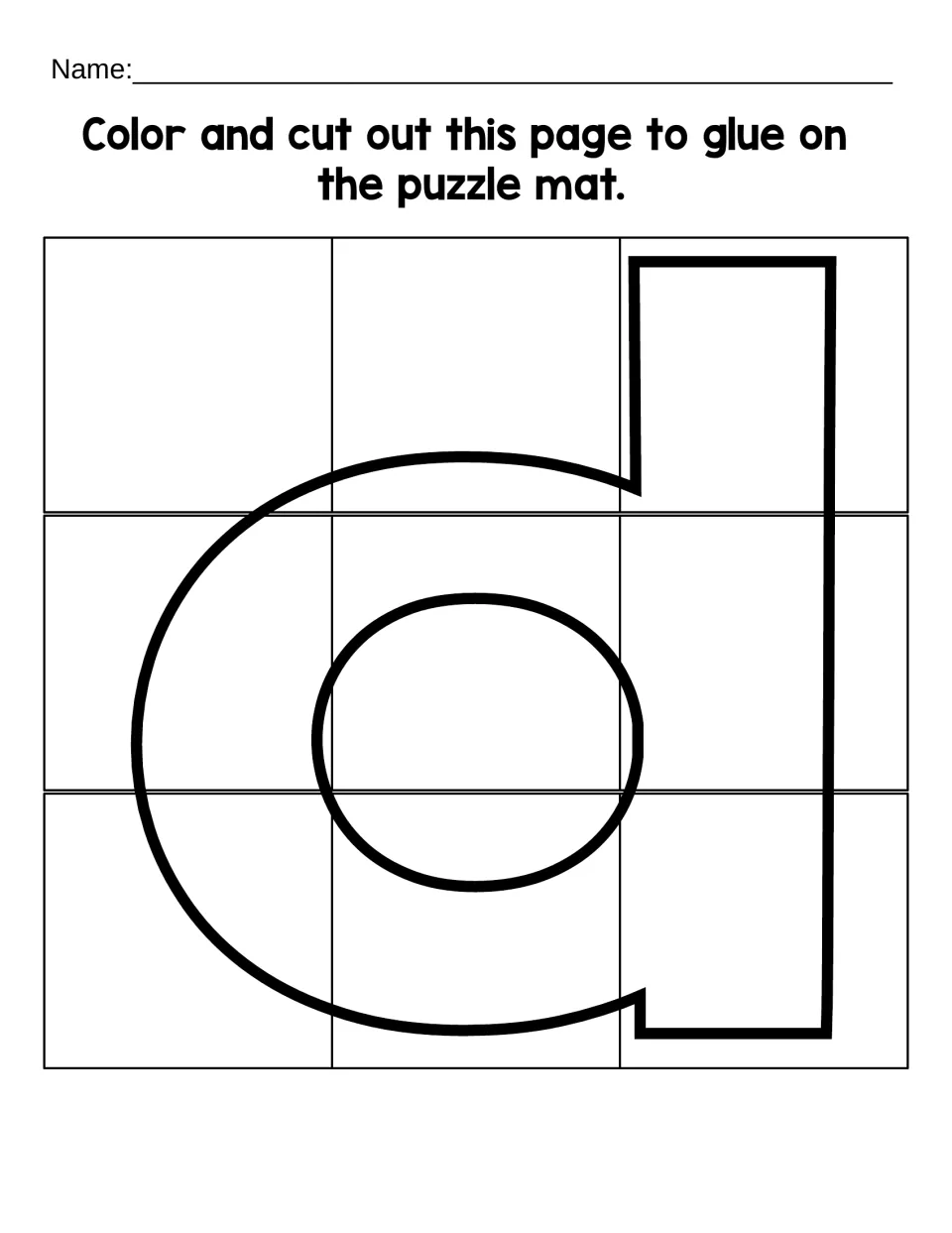 Lowercase d color-and-cut sheet with nine puzzle pieces to assemble and glue onto the matching letter mat