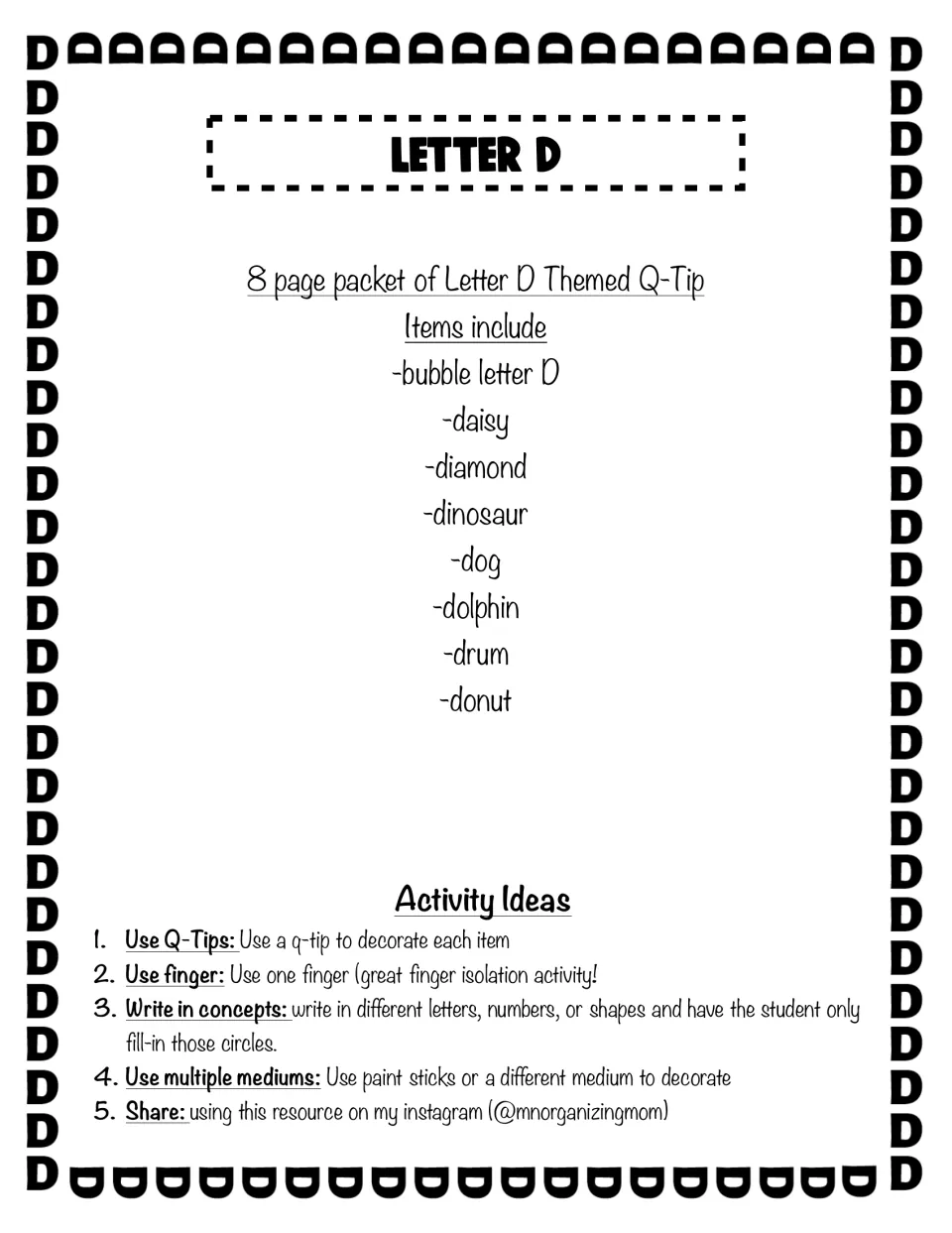 Letter D Q-tip packet overview listing bubble D, daisy, diamond, dinosaur, dog, dolphin, drum, donut and 5 activity ideas