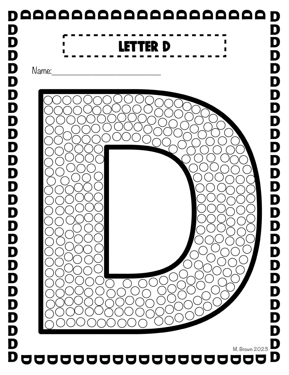 Bubble letter D filled with small dots: students press a Q-tip into each dot to fill the whole letter shape