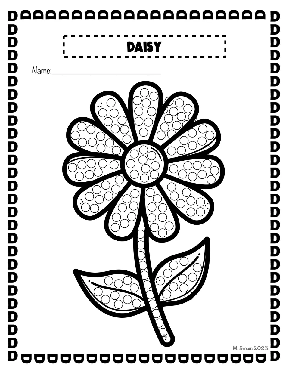 Daisy dot page: students dab a Q-tip on each dot across the petals, center, stem and leaves of a flower that starts with D