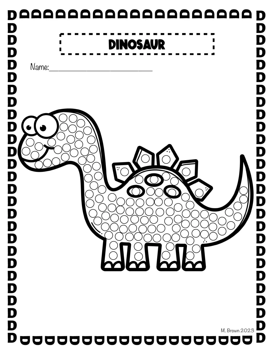Dinosaur dot page: students stamp each dot on a smiling long-necked dinosaur with back plates and a pointed tail