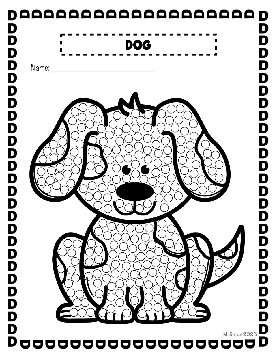 Dog dot page: students dot a sitting floppy-eared puppy with a Q-tip or one finger, linking the picture to the letter D