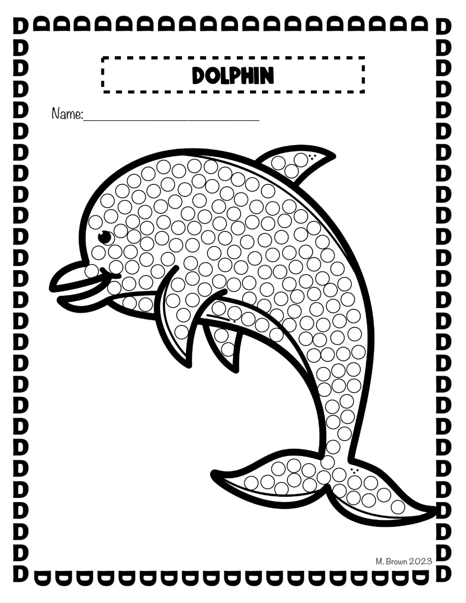 Dolphin dot page: students dab paint on every dot of a leaping dolphin, from its fins to its tail, for D picture practice