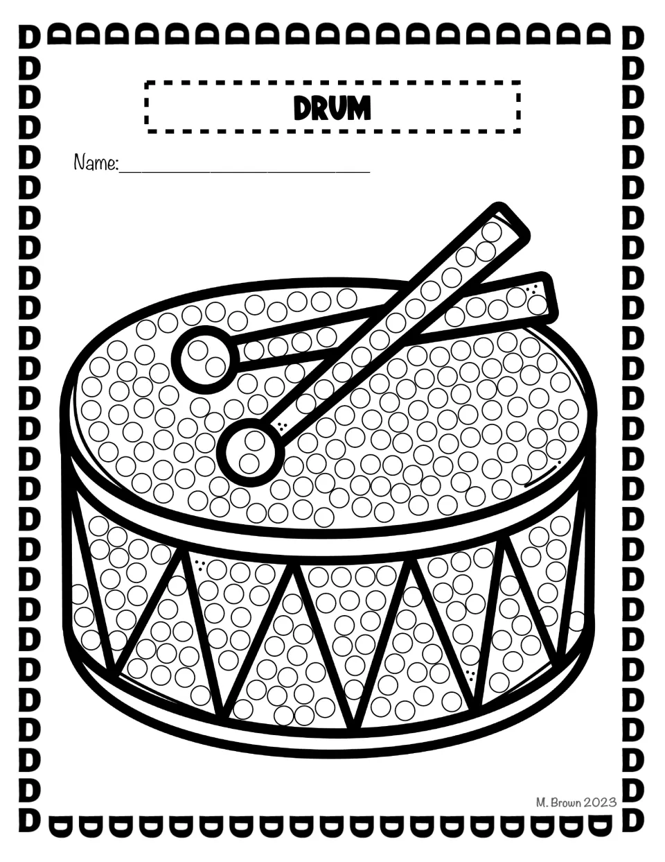 Drum dot page: students fill dots on a drum with zigzag sides and two crossed drumsticks