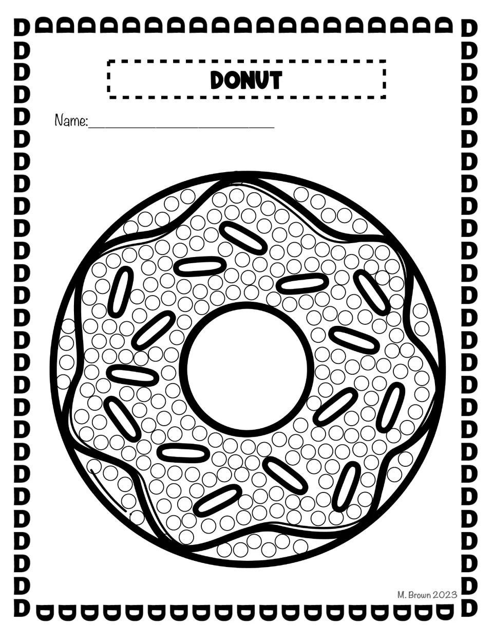 Donut dot page: students dot the frosting and dough of a sprinkle-topped donut, finishing the set of D pictures