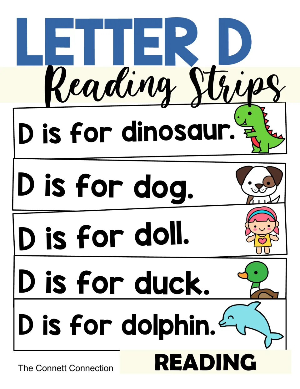 Cover for Letter D reading strips: picture-supported sentences such as D is for dinosaur, dog, doll, duck and dolphin