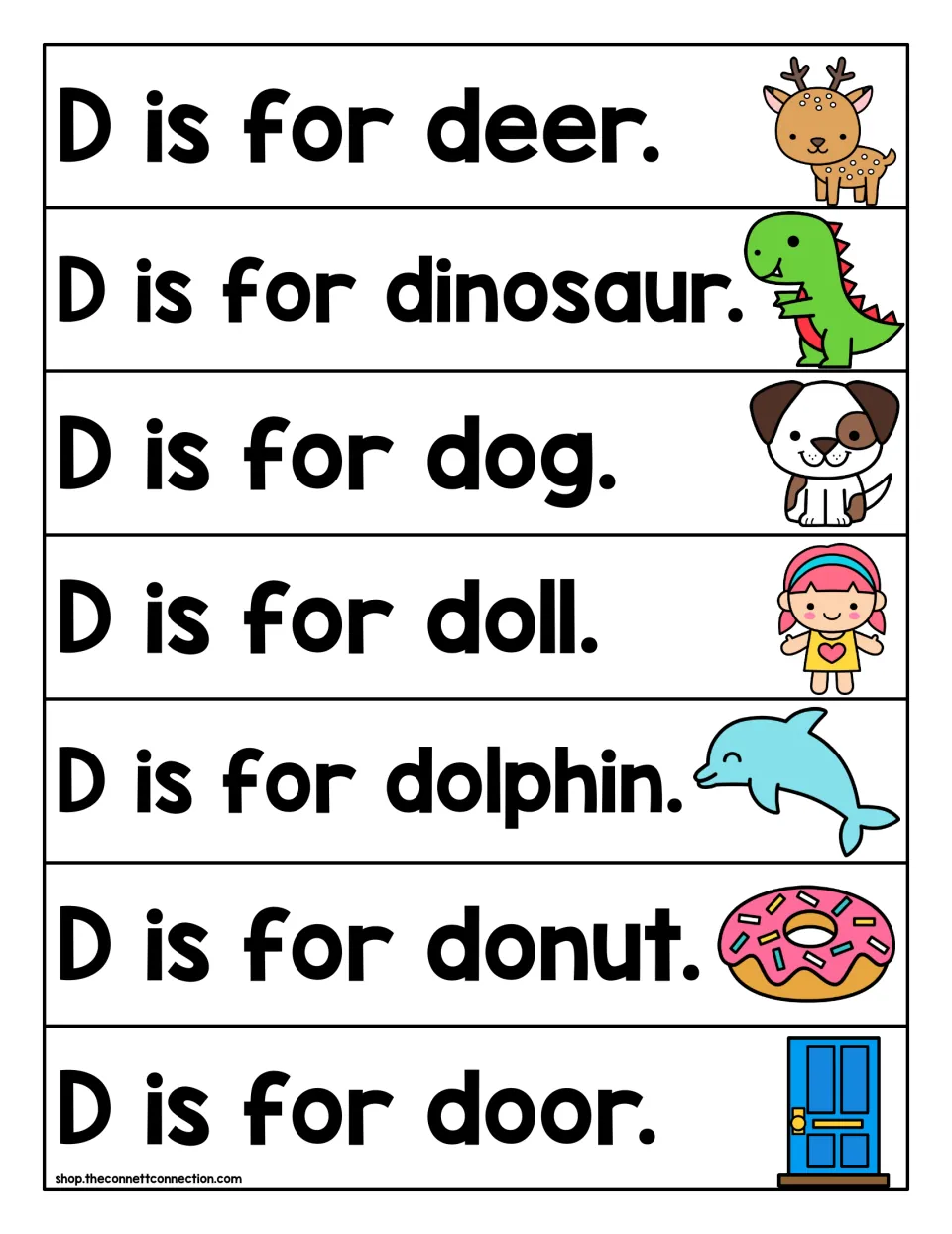 Letter D sentence strips to read: D is for deer, dinosaur, dog, doll, dolphin, donut and door, each with a picture clue