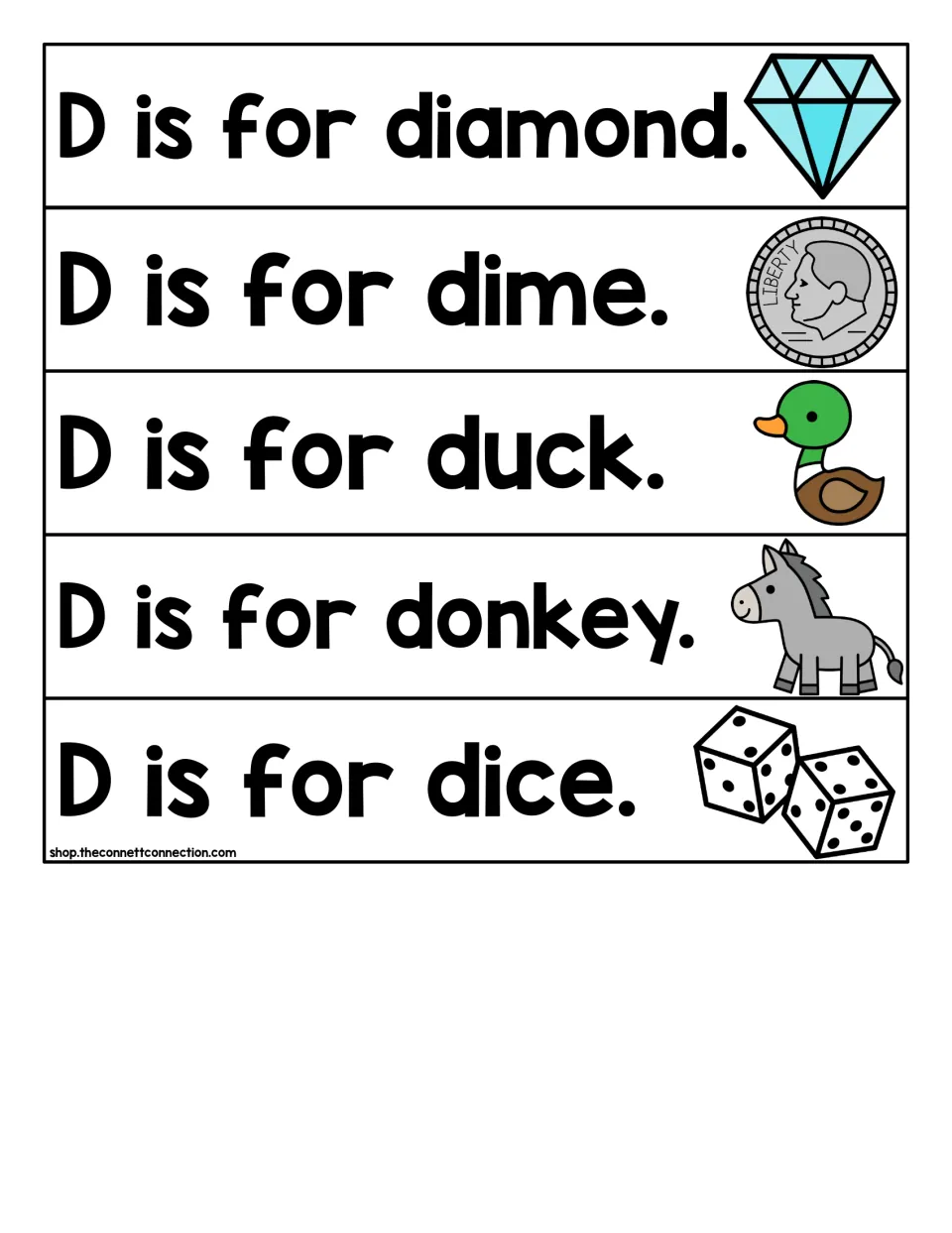Initial D sound strips: children read D is for diamond, dime, duck, donkey and dice, using the picture beside each word
