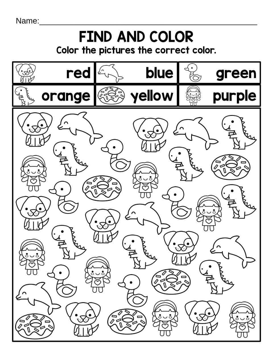 Find and color activity: color dogs red, dolphins blue, ducks green, dinosaurs orange, donuts yellow, dolls purple