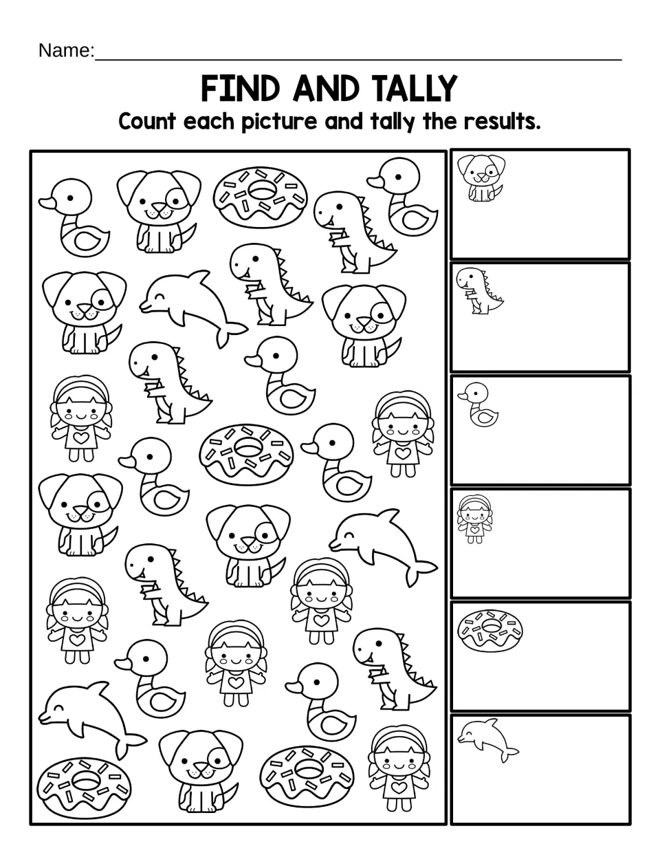 Find and tally activity: count dogs, dinosaurs, ducks, dolls, donuts, and dolphins and record tally marks