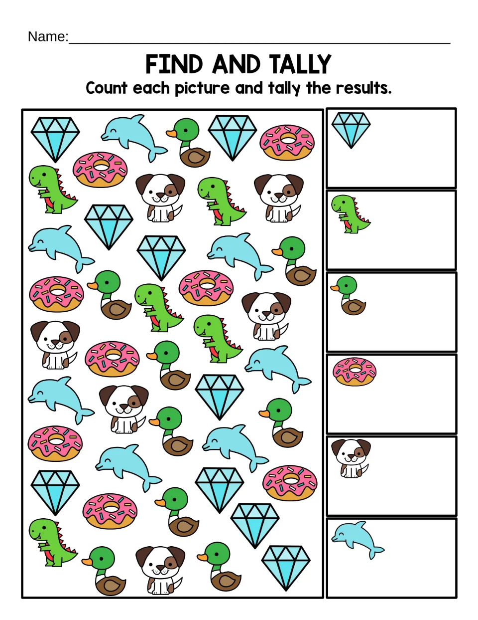 Color find and tally activity: count diamonds, dinosaurs, ducks, donuts, dogs, and dolphins using tally marks