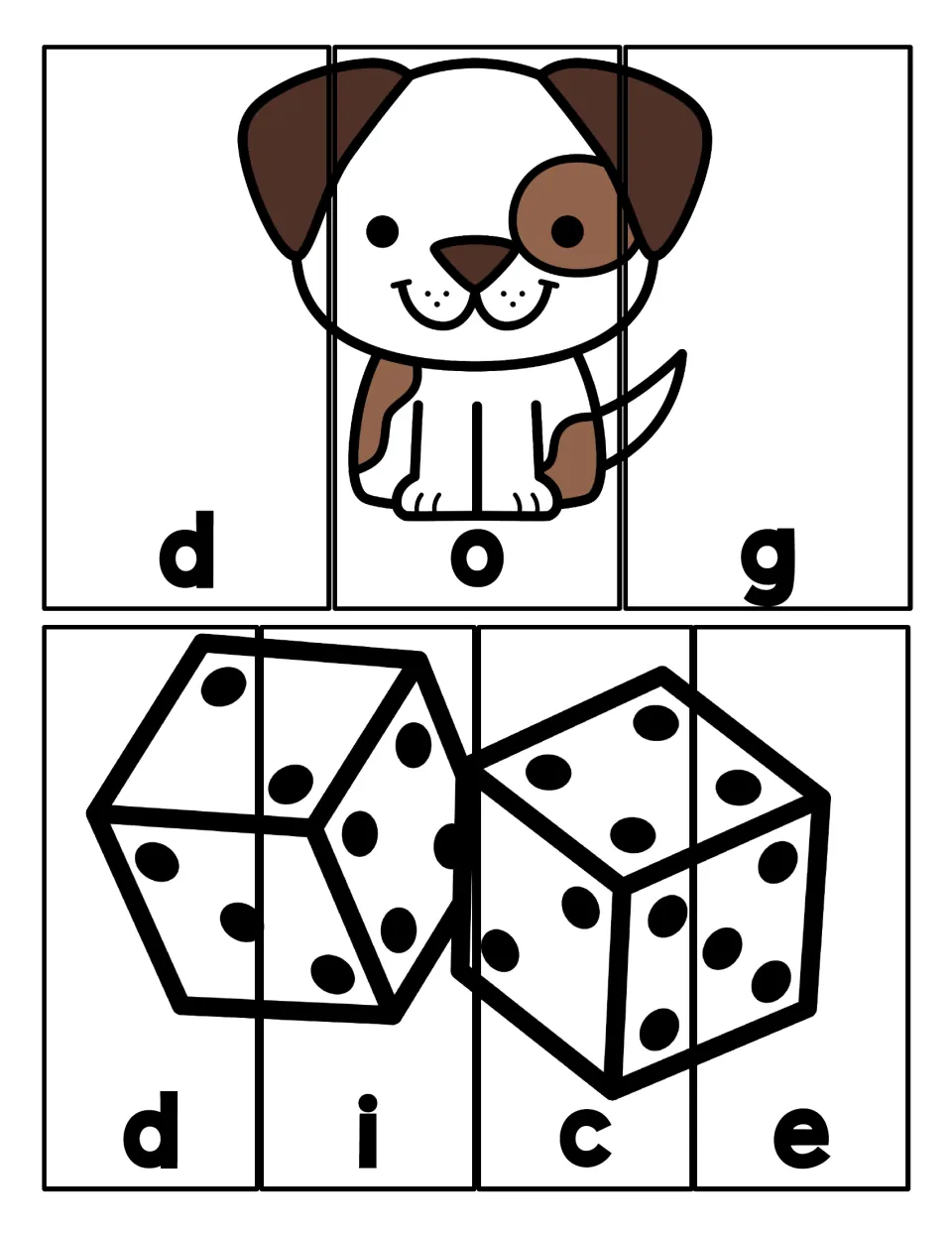 Letter D words dog and dice: students cut apart letter pieces and rebuild each picture by spelling d-o-g and d-i-c-e