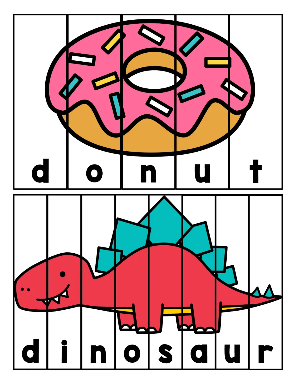 Letter D words donut and dinosaur: students order cut-apart letter pieces to rebuild each picture and spell the word