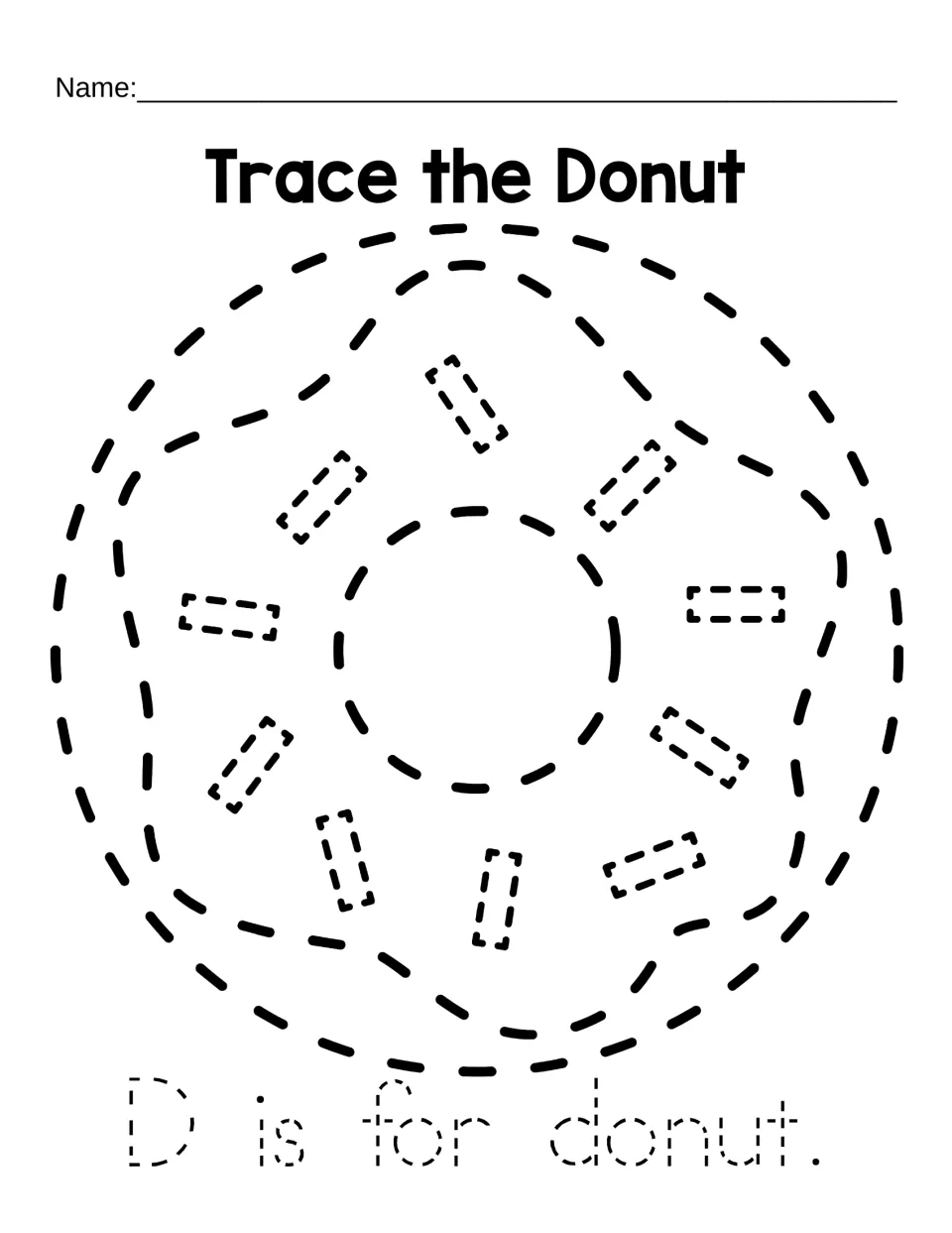 Letter D tracing: students trace a dashed donut with sprinkles, then trace the dotted sentence "D is for donut."