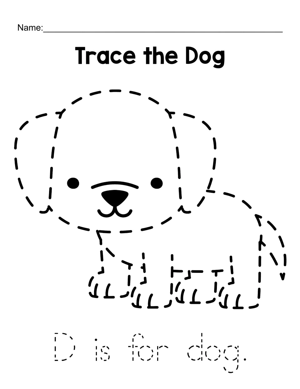 Letter D tracing: students trace a dashed puppy with floppy ears, then trace the dotted sentence "D is for dog."