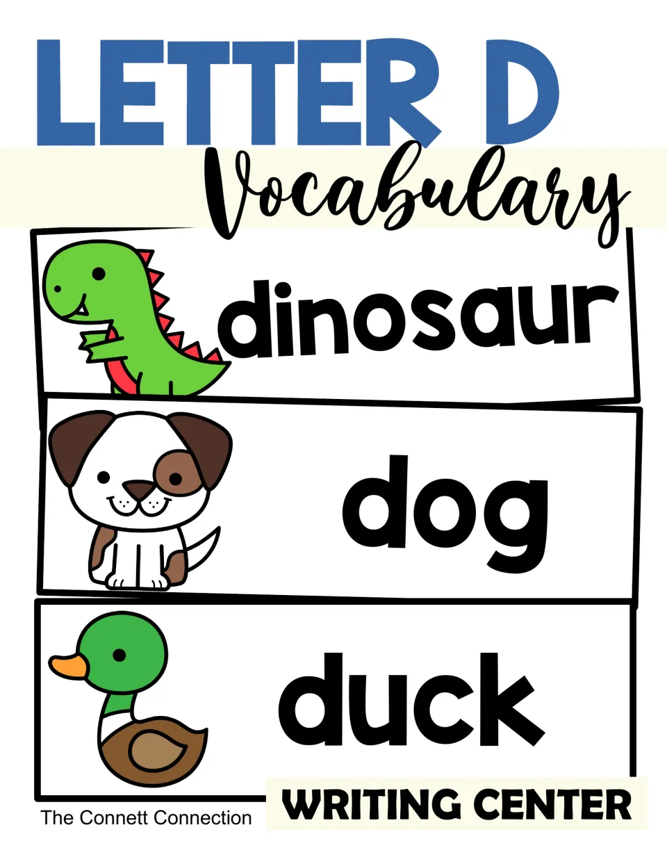 Letter D Vocabulary writing center cover showing picture word cards for dinosaur, dog and duck with cartoon art
