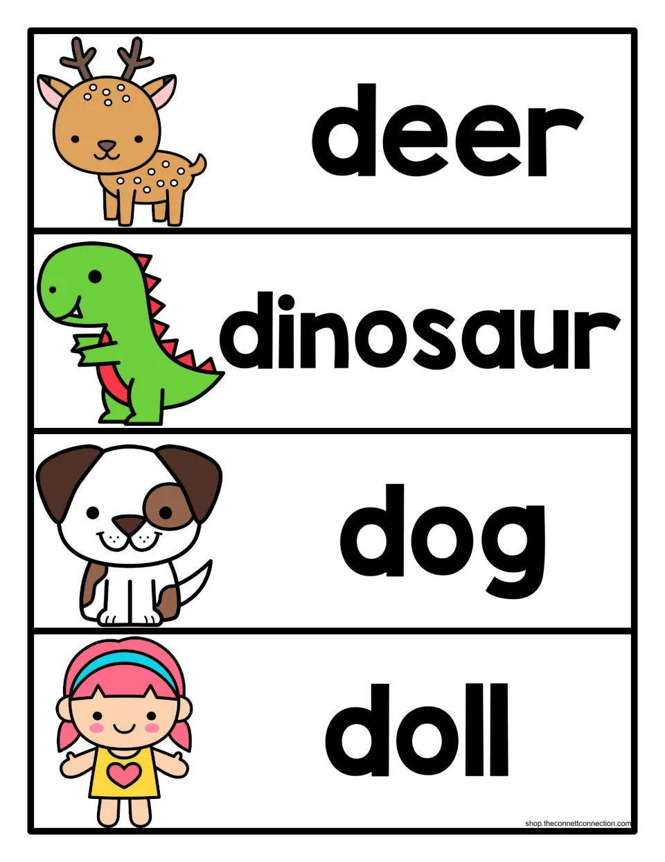 Initial d sound cards for deer, dinosaur, dog and doll: students read each bold name shown beside its cartoon drawing