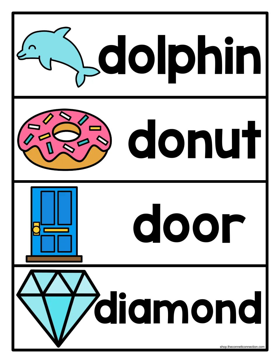 Beginning sound d cards: dolphin, donut, door and diamond, each printed word paired with a colorful picture