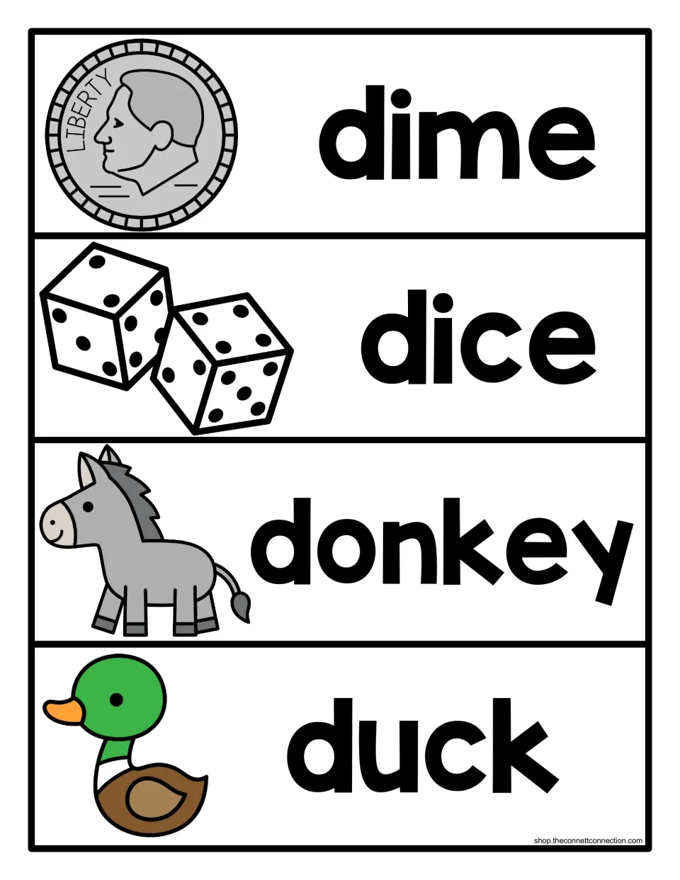 D vocabulary cards for dime, dice, donkey and duck, pairing each bold printed word with a matching picture clue