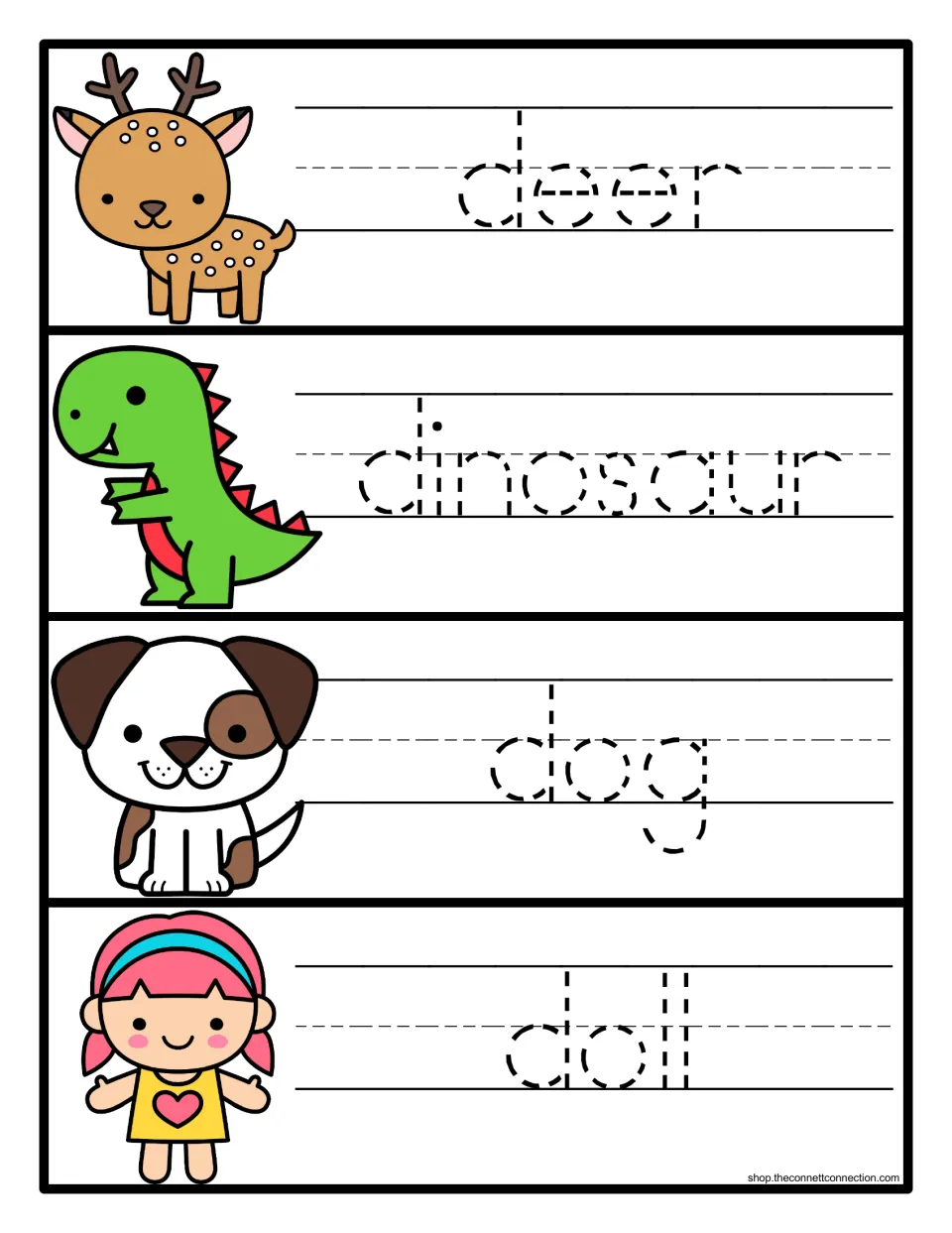 Handwriting practice: students trace dashed letters of deer, dinosaur, dog and doll beside each matching picture