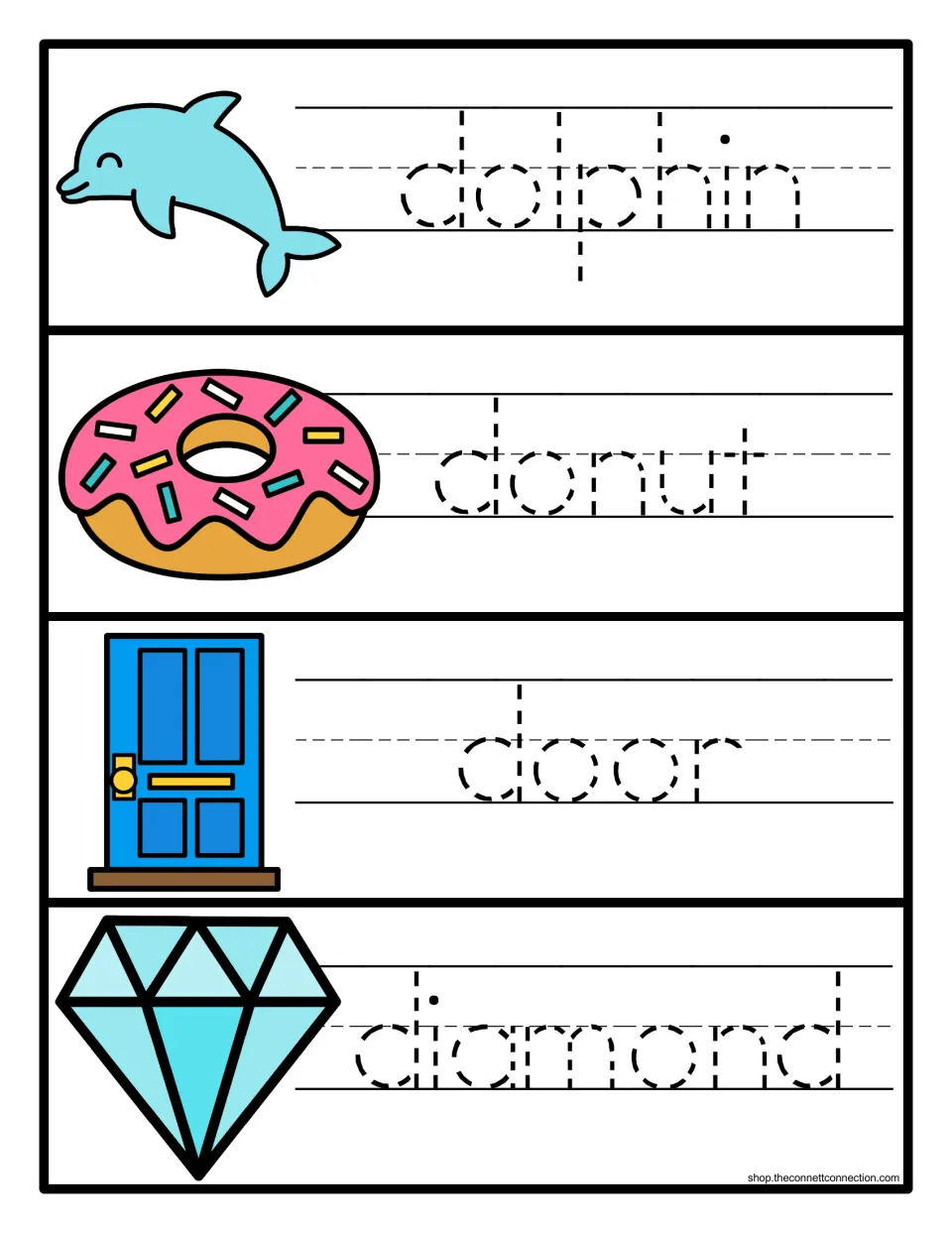 Word tracing: students trace dotted lowercase dolphin, donut, door and diamond next to each picture