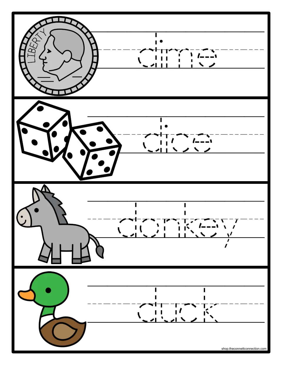 Letter formation practice: students trace the dashed words dime, dice, donkey and duck, each beside its picture