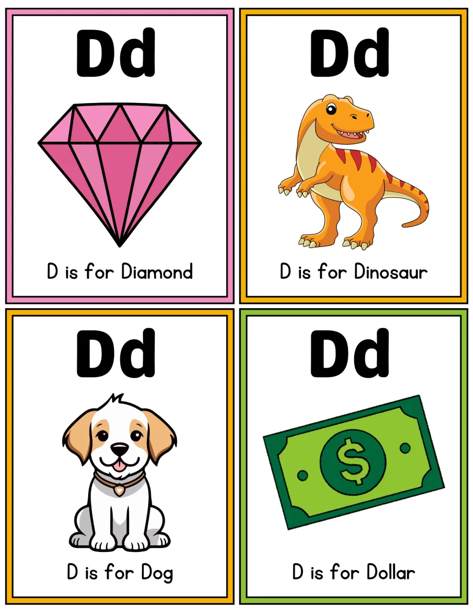 Letter D color flashcards: bold Dd and pictures for D is for Diamond, Dinosaur, Dog and Dollar to practise the D sound