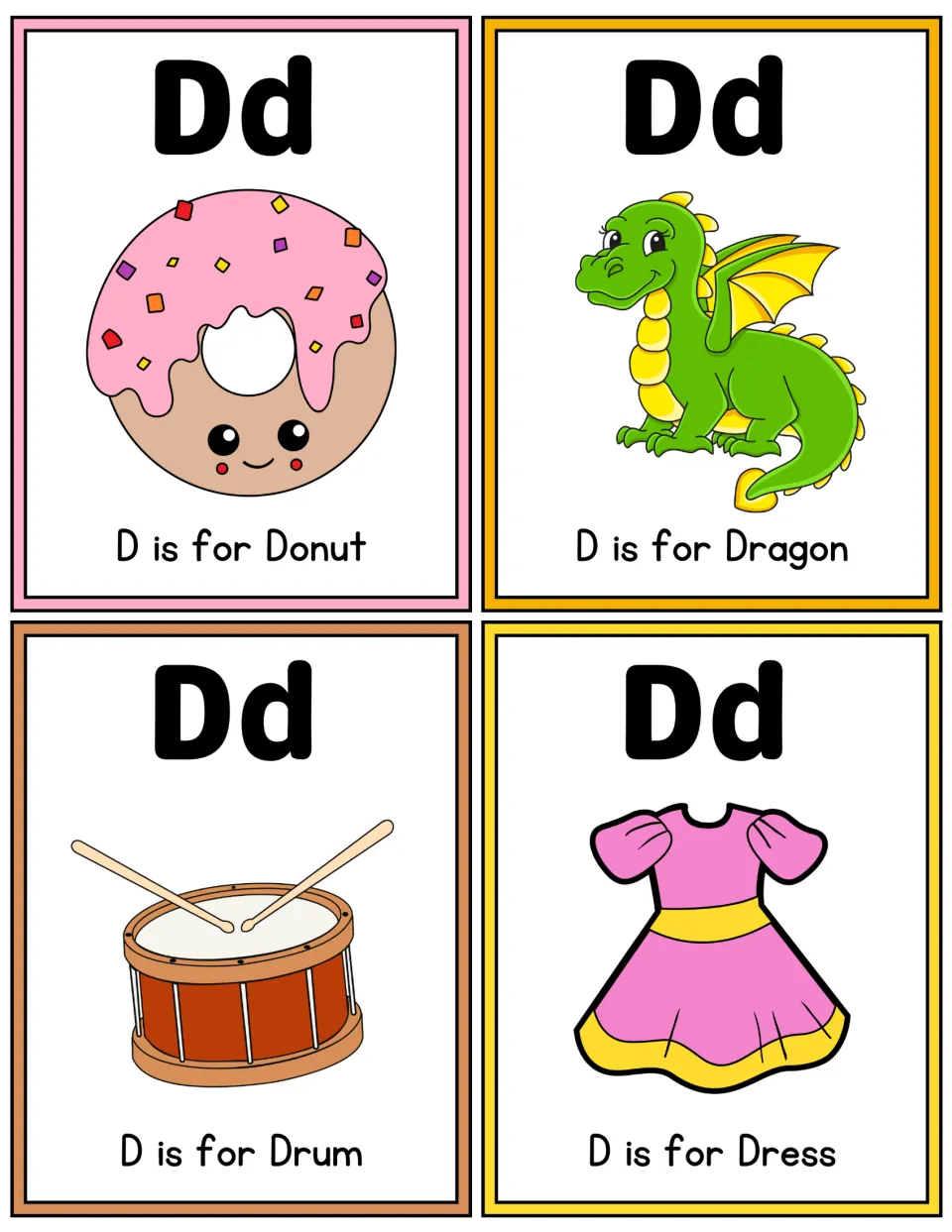 More Dd color flashcards showing D is for Donut, Dragon, Drum and Dress, each with a bold letter and a matching picture