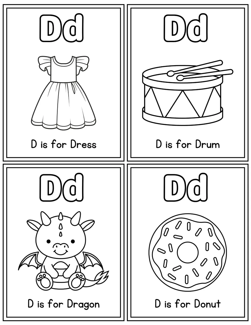Black-and-white Dd coloring cards: students color bubble letters and pictures for D is for Dress, Drum, Dragon and Donut