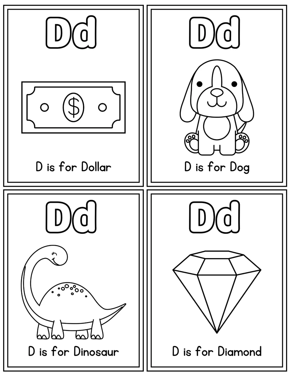 Dd coloring cards in outline: students color the letters and D is for Dollar, Dog, Dinosaur and Diamond pictures