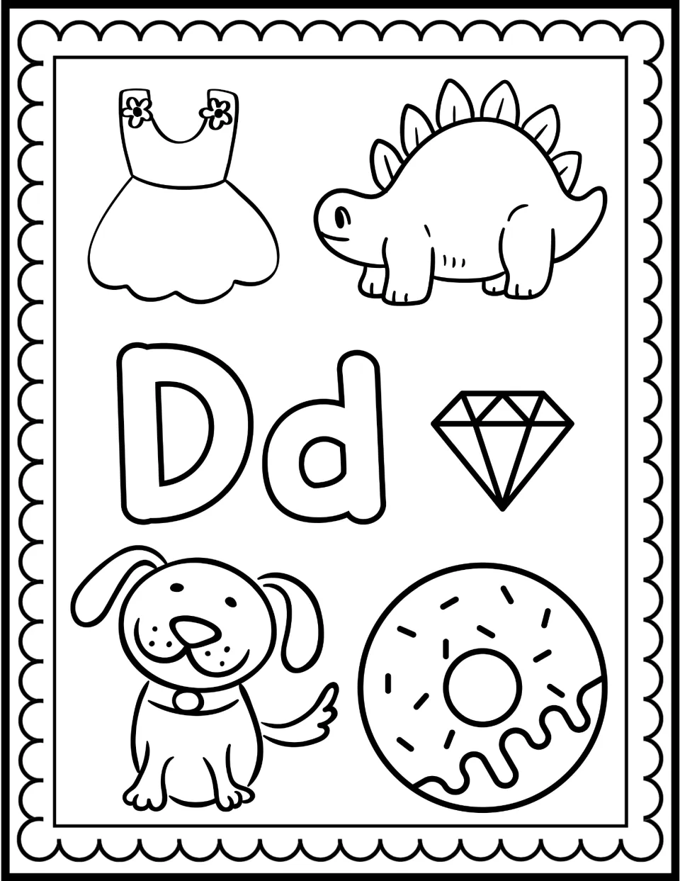 Letter D coloring page: students color bubble Dd and D pictures of a dress, dinosaur, diamond, dog and donut