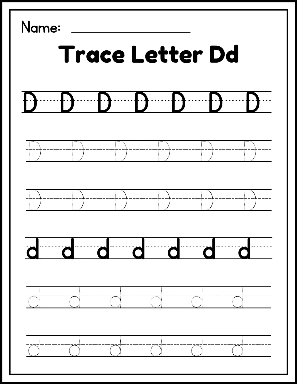 Trace Letter Dd handwriting practice: students trace rows of dotted capital D and lowercase d after solid models