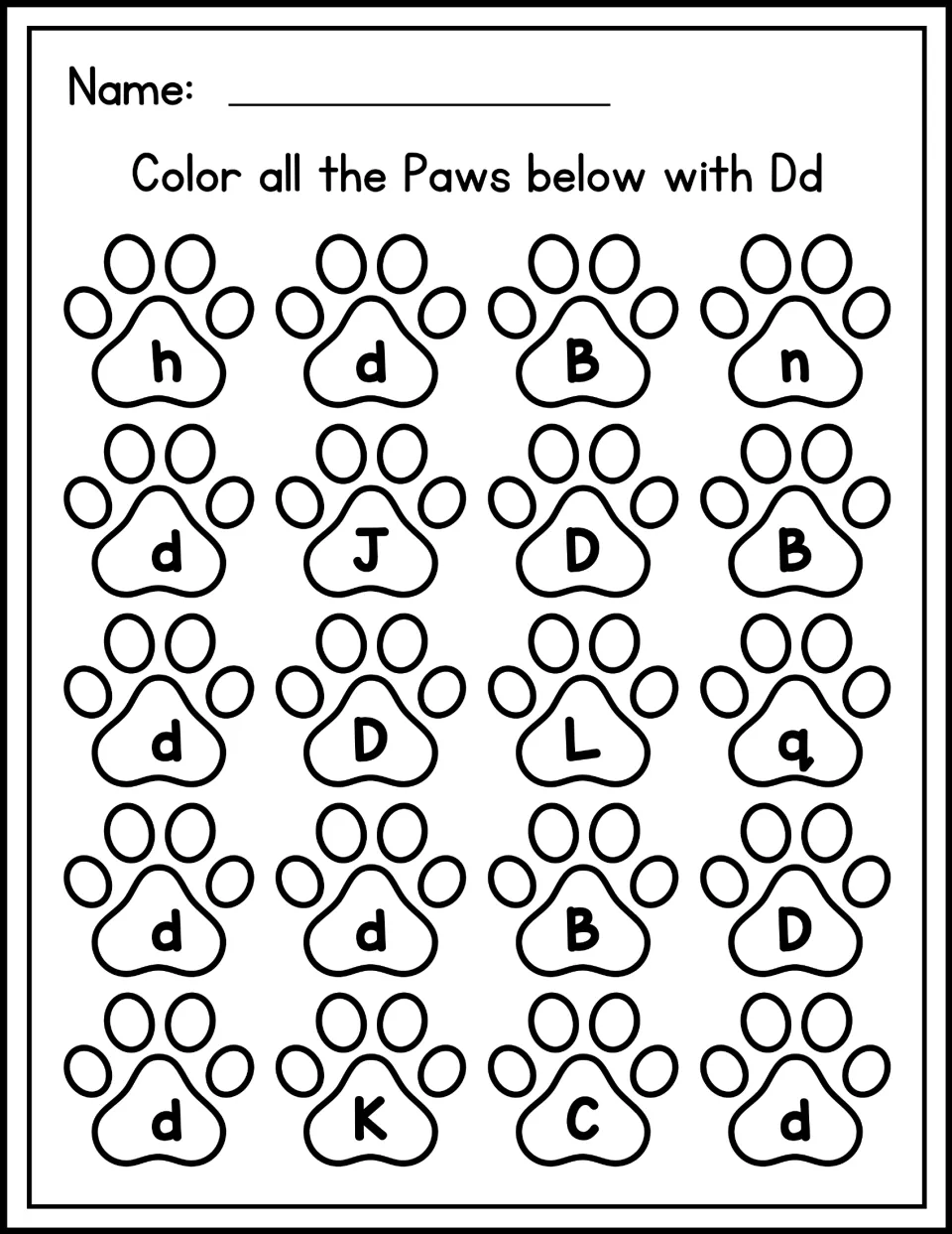Letter recognition: students color every paw print showing D or d among mixed letters like B, h, q, J, K and C