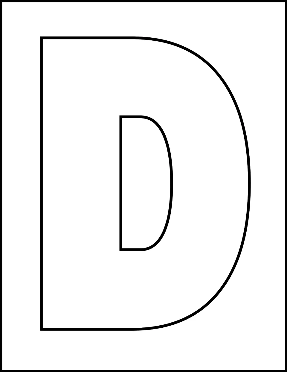 Capital D template: a single large outlined letter D fills the page, blank inside for coloring or decorating