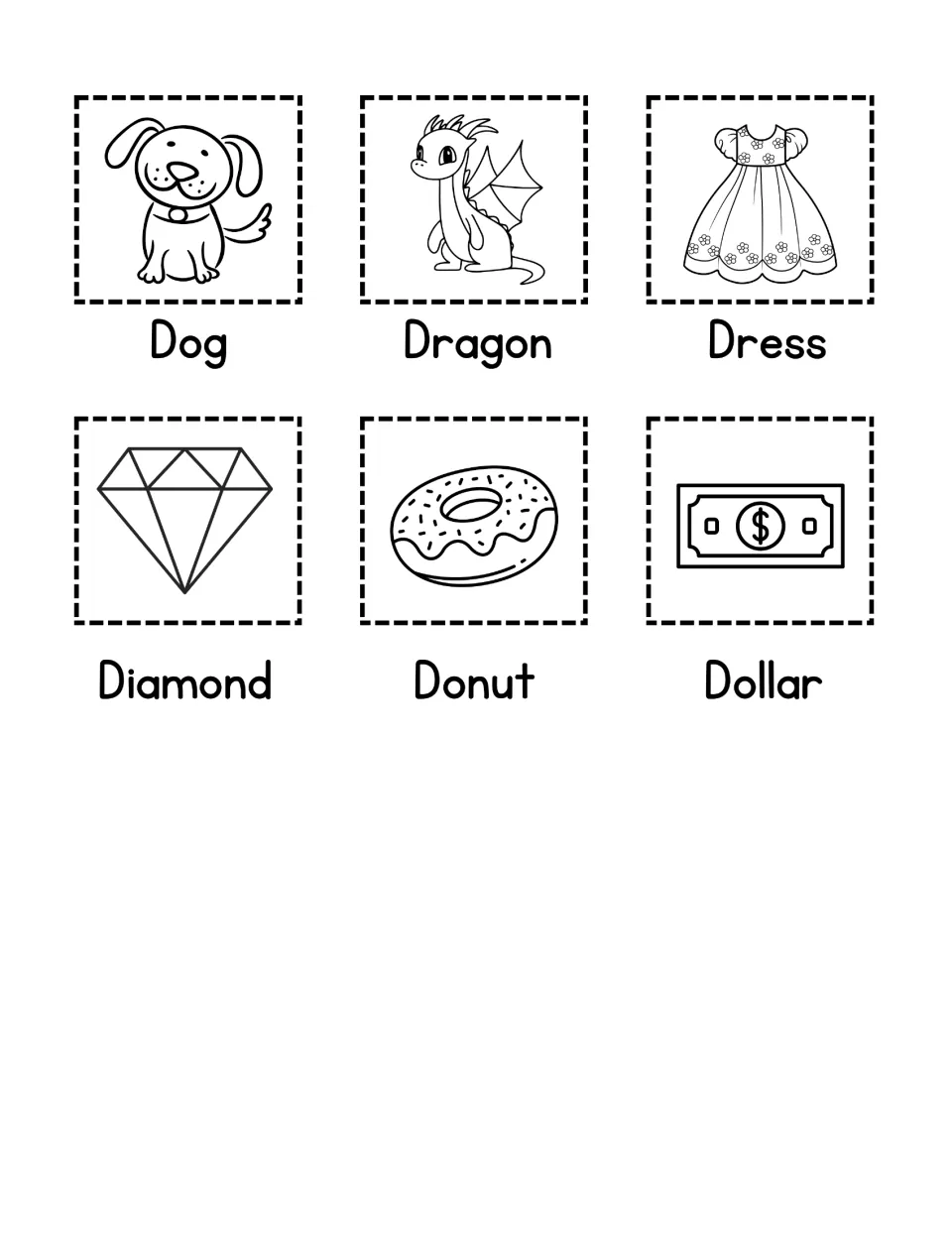 D picture cut-outs: students cut out six labeled pictures, Dog, Dragon, Dress, Diamond, Donut and Dollar