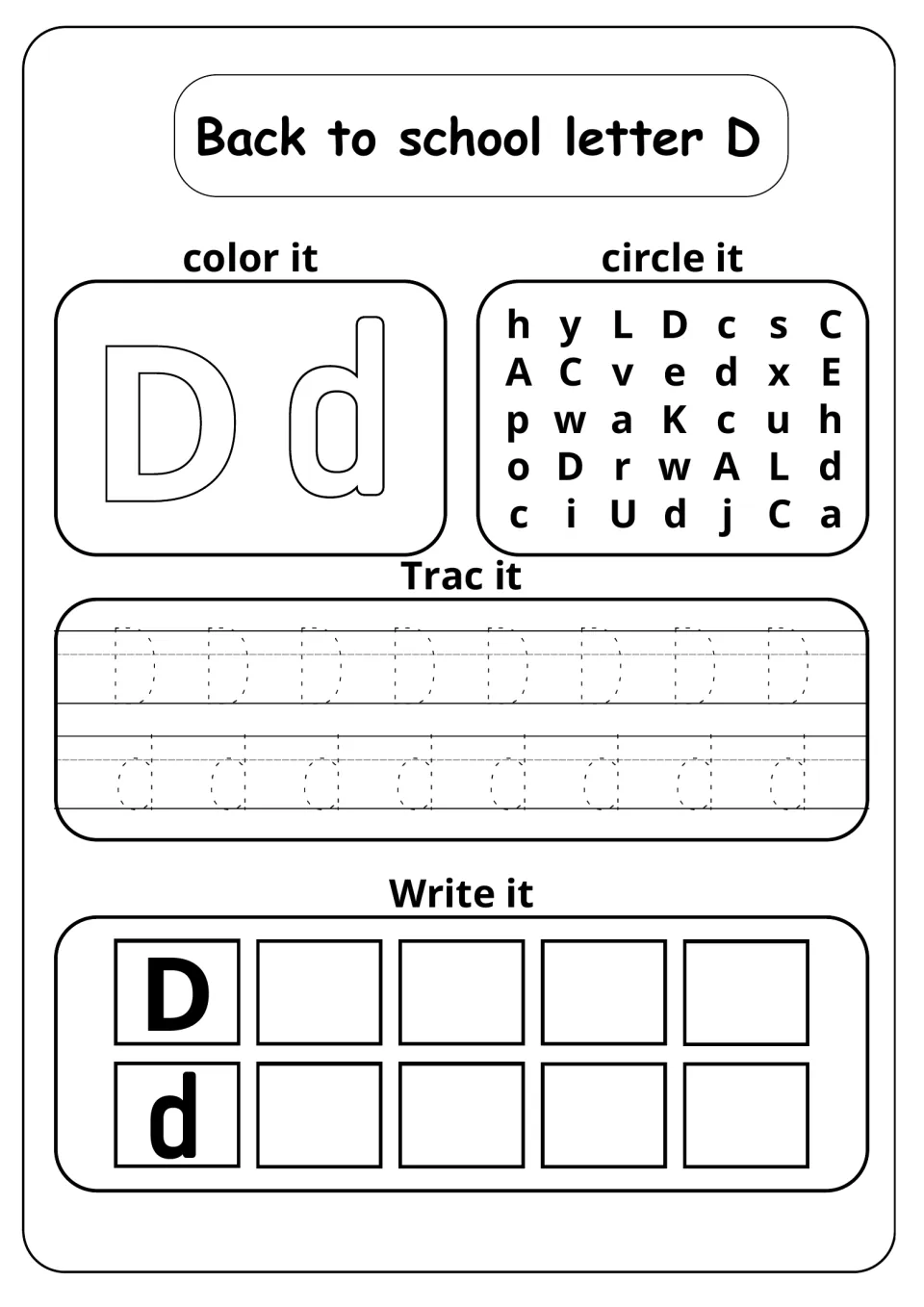 Back to school letter D: students color D and d, circle D in a letter mix, trace rows of D and d, then write them