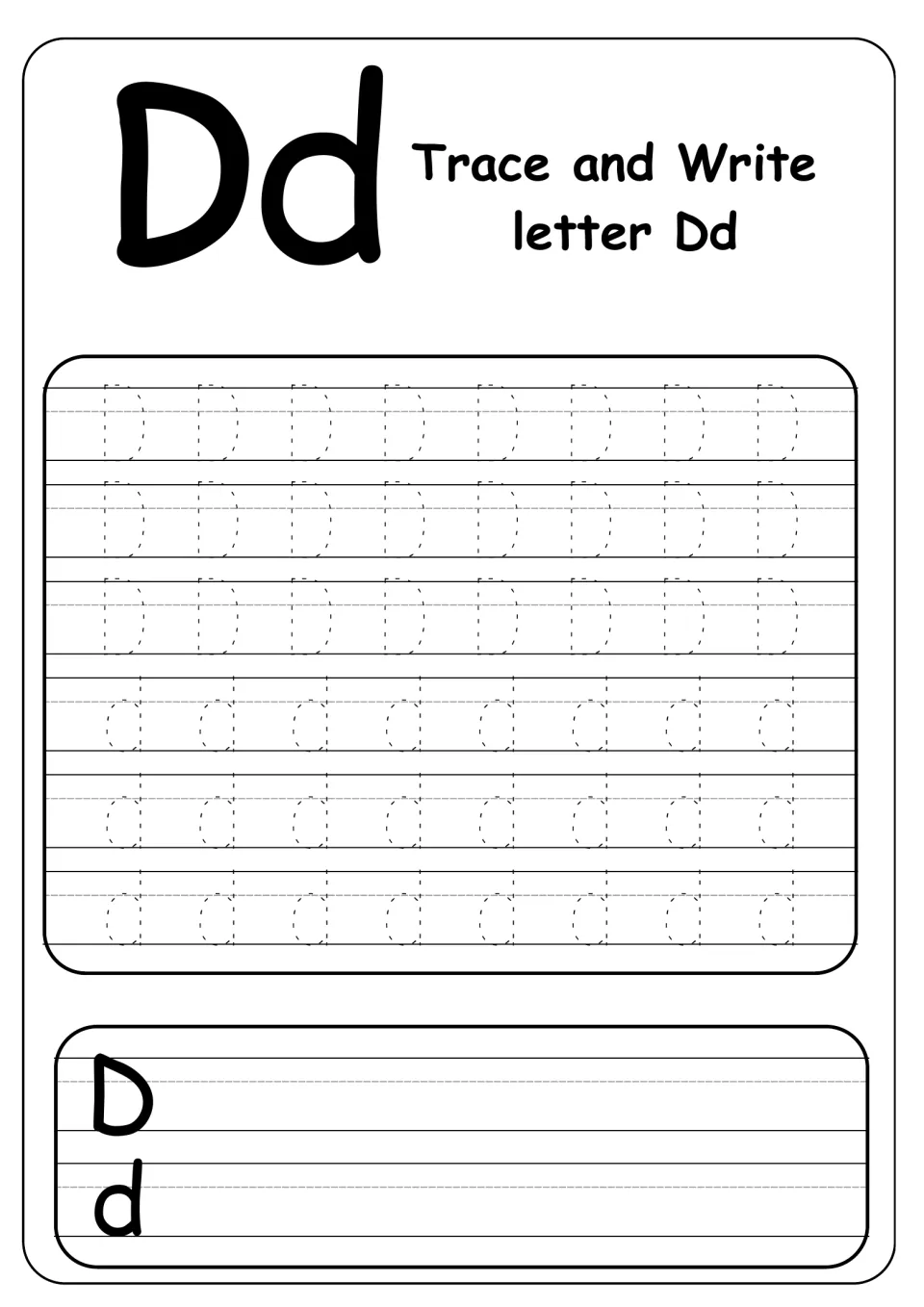 Trace and Write letter Dd: students trace three rows of dotted capital D and three of lowercase d, then write both freely