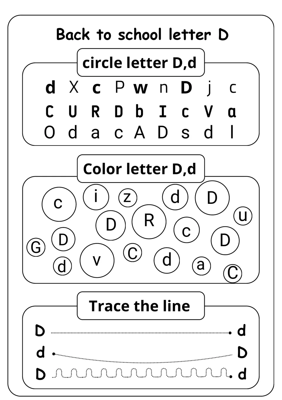 Letter D recognition: students circle D and d among mixed letters, color the D and d bubbles, and trace lines from D to d