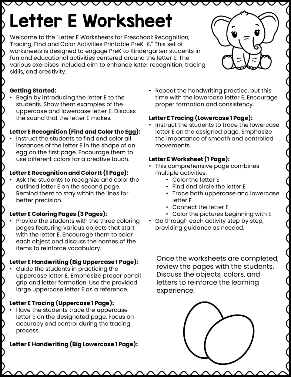 Letter E teacher guide: steps for introducing the E sound, then egg find-and-color, coloring, tracing and handwriting pages