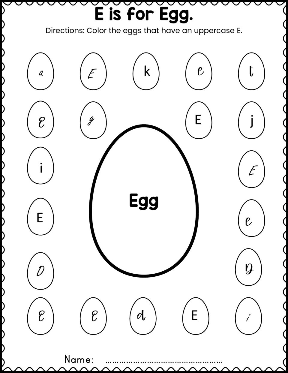 E is for Egg: students find and color the eggs showing an uppercase E among mixed letters, practising letter recognition