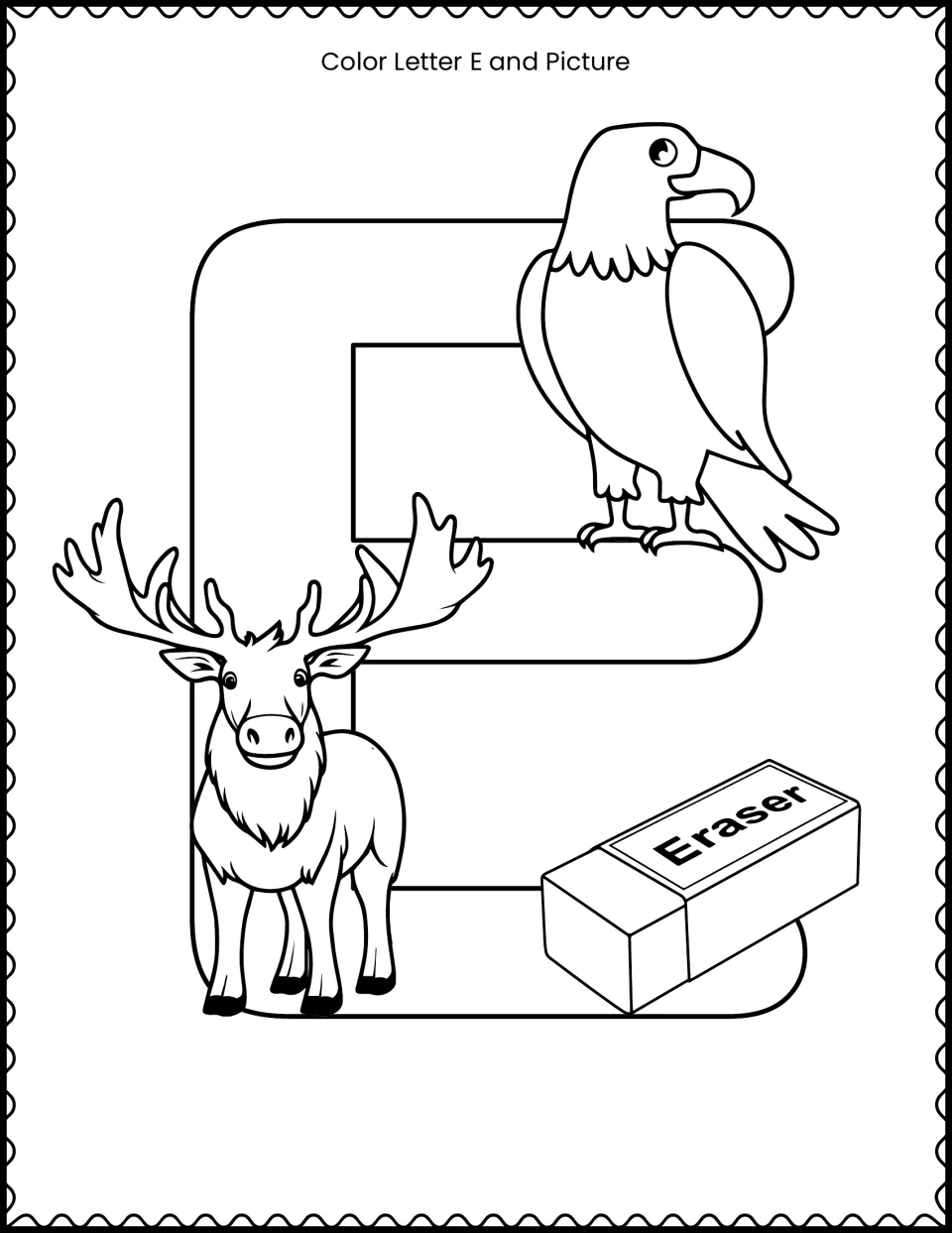 Color letter E and picture: students color a big outlined E along with an eagle, an elk and an eraser drawn around it