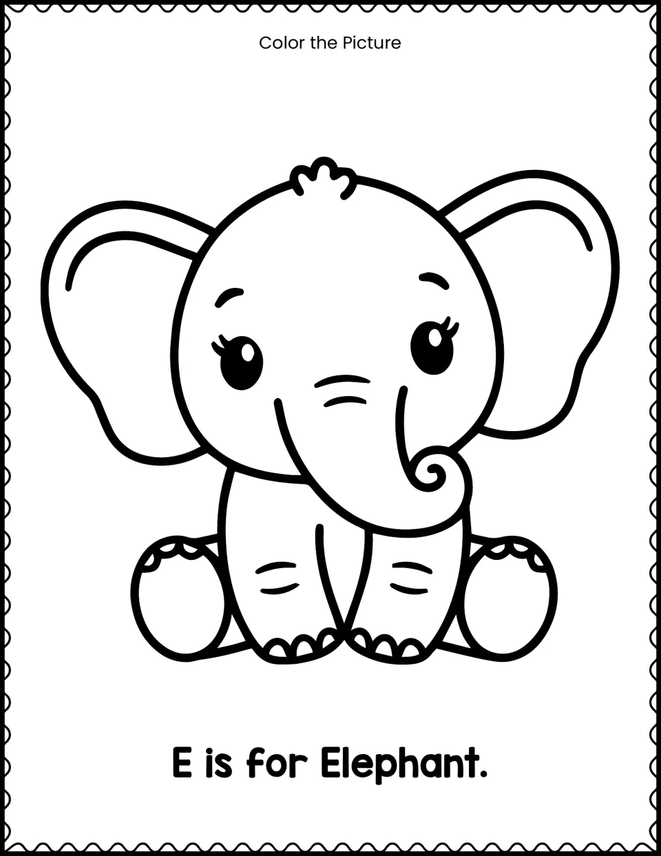 E is for Elephant: students color a cute sitting baby elephant and say the word to connect it to the beginning E sound