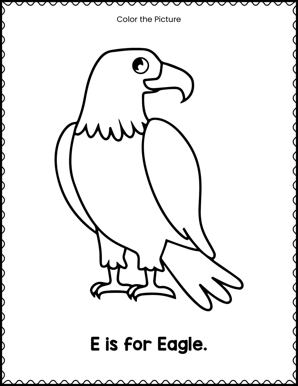 E is for Eagle: students color a standing eagle drawing and name the bird to hear the beginning E sound in the word eagle