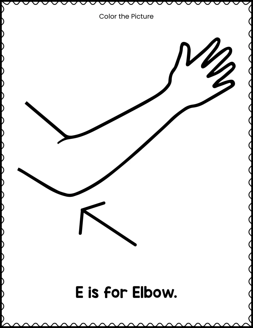 E is for Elbow: students color an outstretched arm with an arrow pointing to the elbow and link the body part to letter E