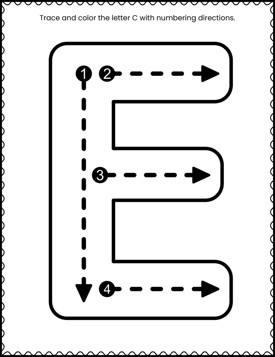 Uppercase E letter formation: students trace and color a big E following numbered arrows for the four strokes in order