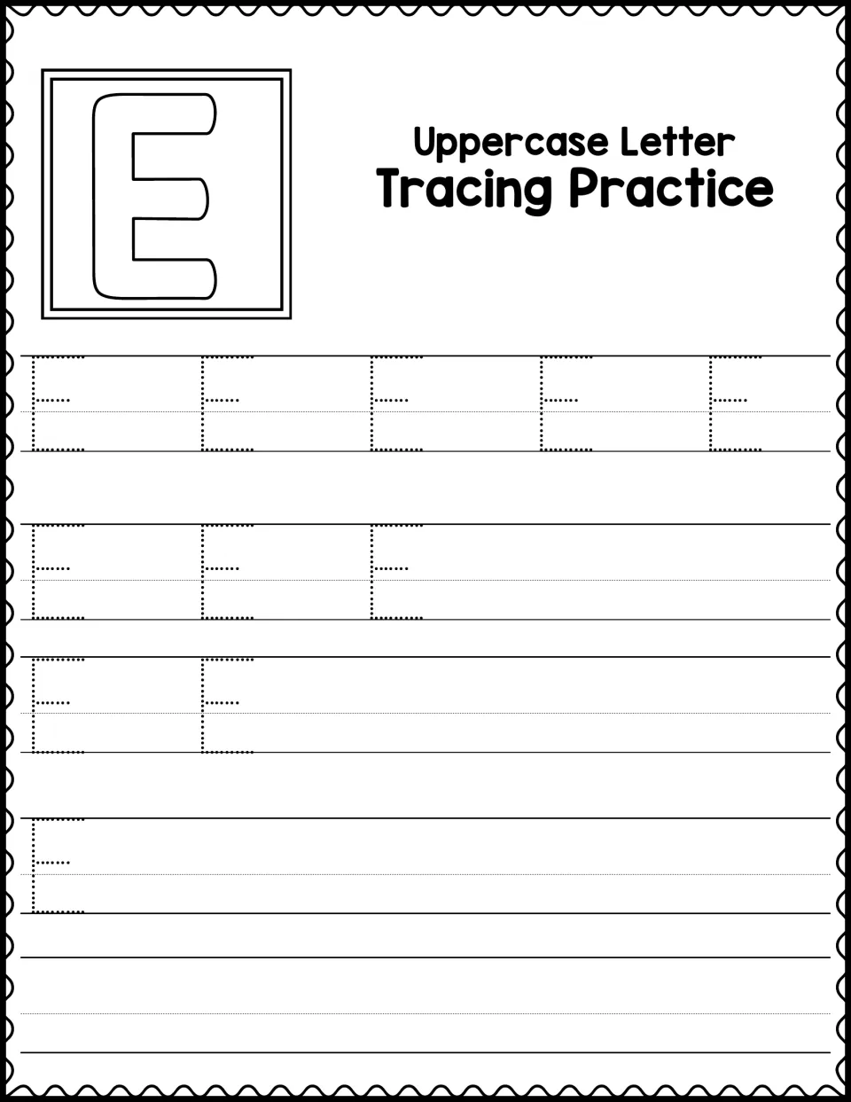 Uppercase letter tracing practice: students trace 11 dotted capital E letters, then write the letter independently