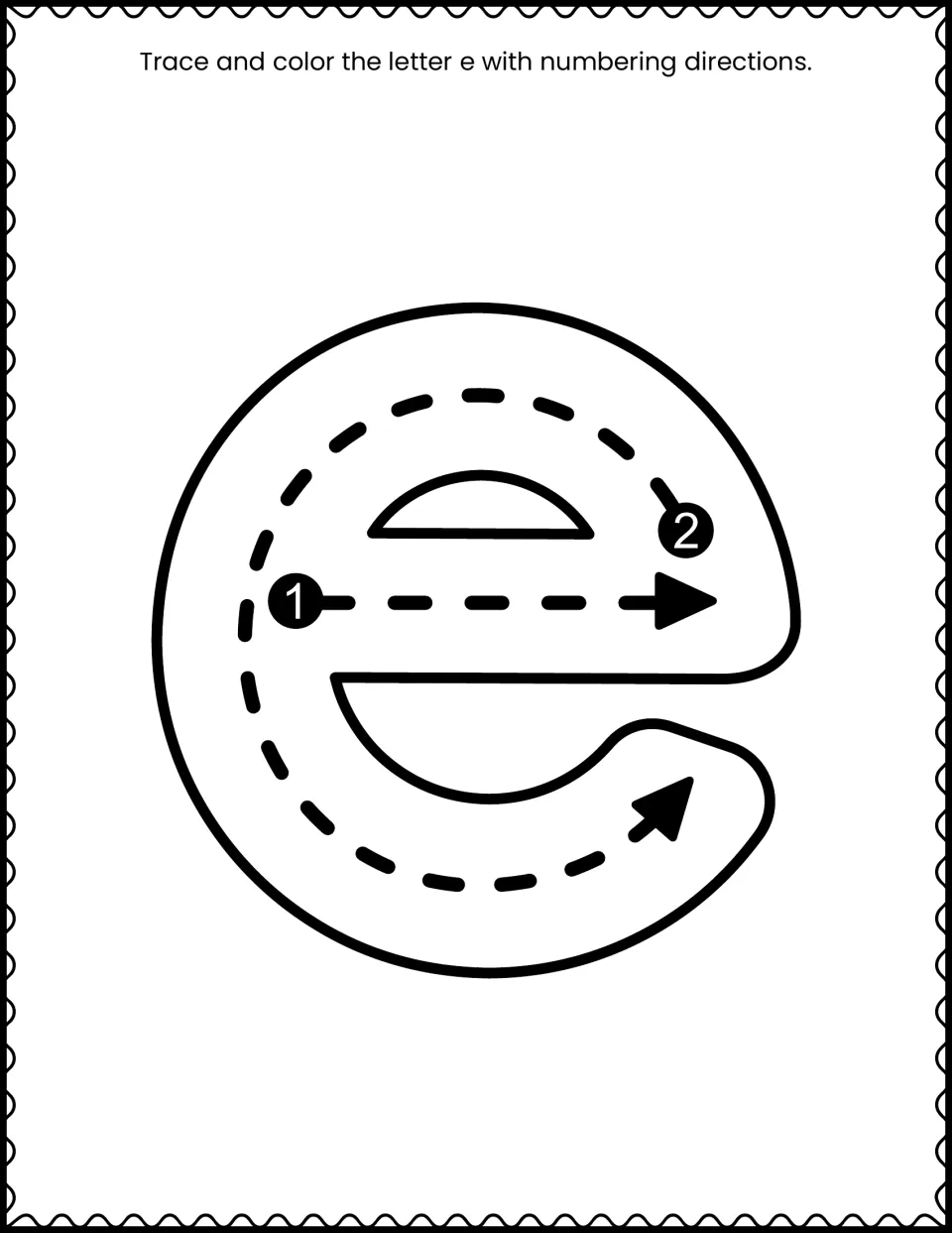 Lowercase e letter formation: students trace and color a big e, starting with the middle stroke and then curving around