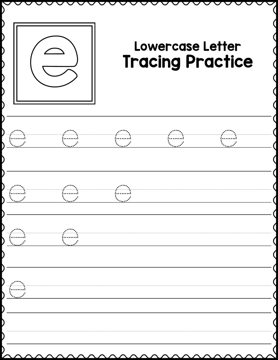 Lowercase letter tracing practice: students trace 11 dotted small e letters, then practise writing e without a guide